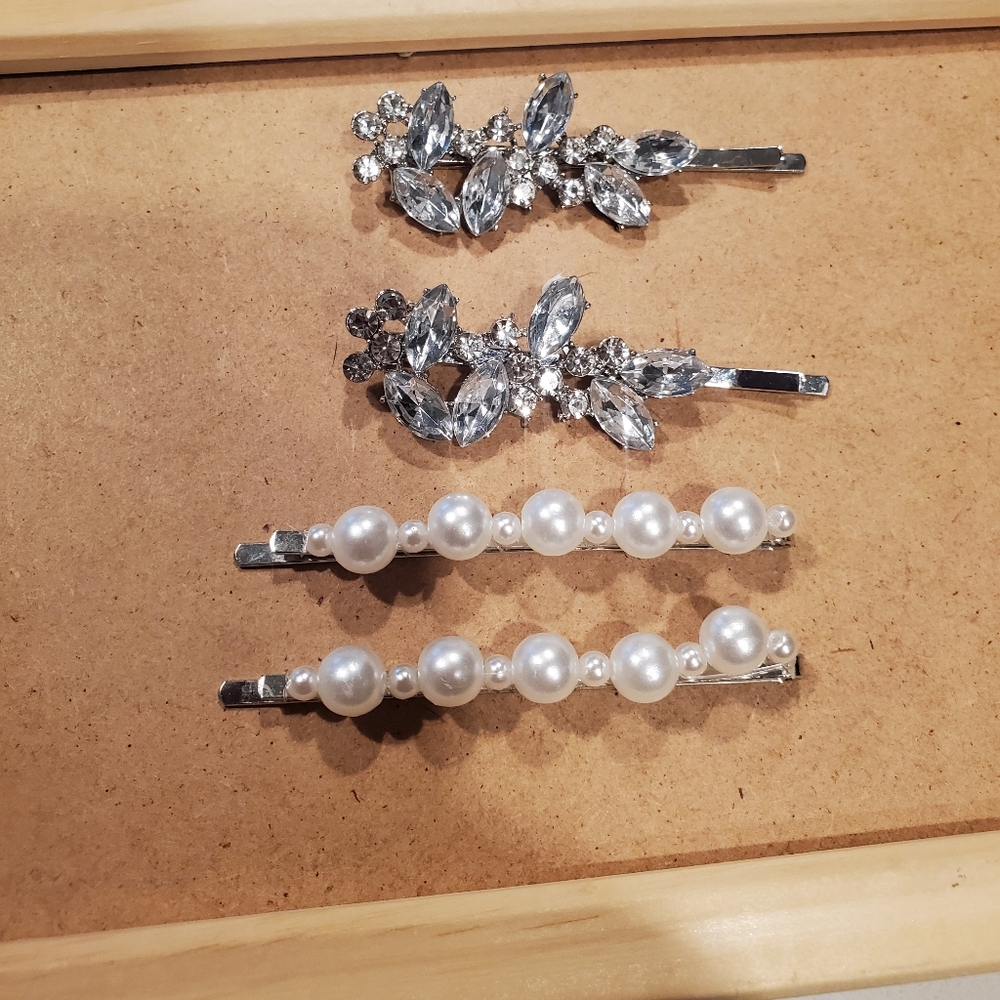 Rhinestone gem and pearl Decorative Bobby Pin Slide Barrettes   4 Count